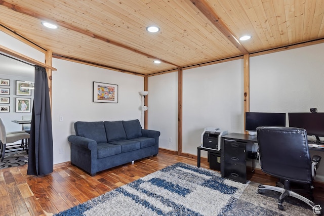 home office featuring recessed lighting and wooden ceiling
