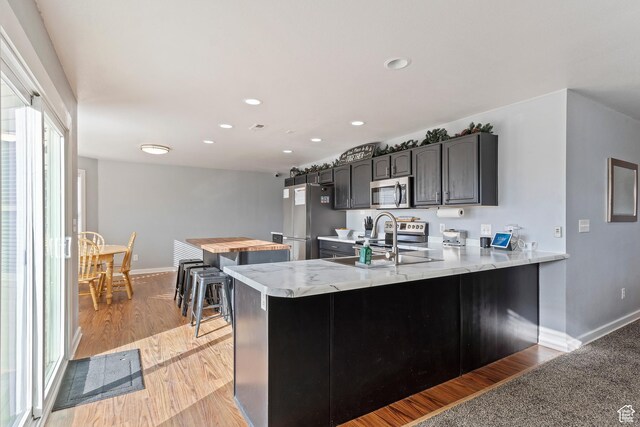 kitchen featuring light wood-type flooring, a sink, baseboards, a peninsula, and stainless steel appliances