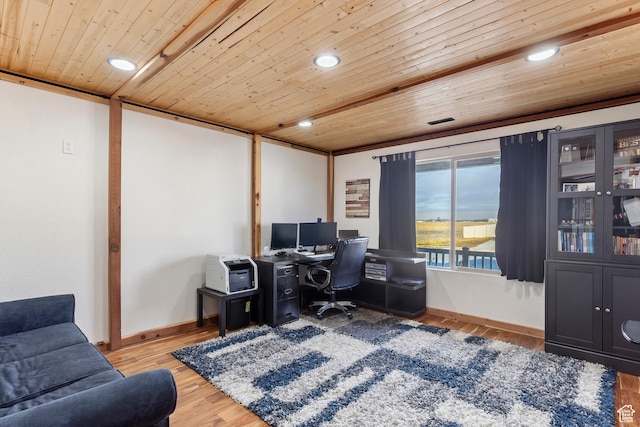 office space with wooden ceiling, baseboards, recessed lighting, and wood finished floors