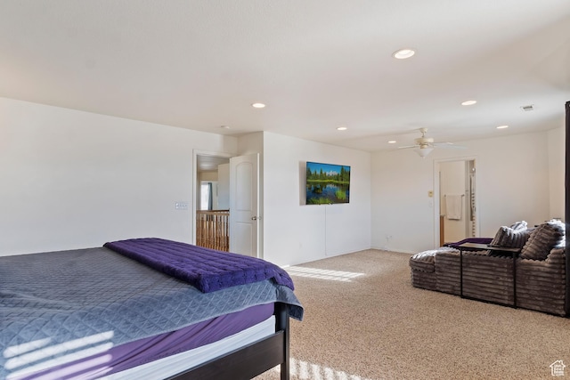 bedroom featuring recessed lighting, baseboards, light colored carpet, and visible vents
