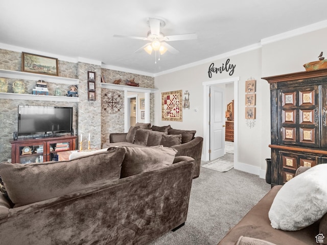 living room with ceiling fan, ornamental molding, and light carpet