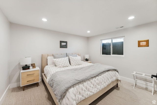 bedroom with carpet floors, baseboards, and recessed lighting