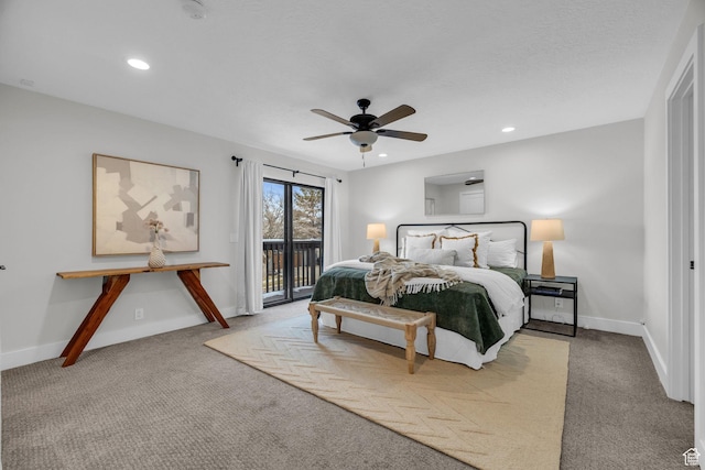 carpeted bedroom featuring baseboards, access to outside, ceiling fan, and recessed lighting