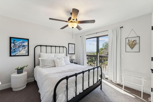 carpeted bedroom with access to exterior, a ceiling fan, and baseboards