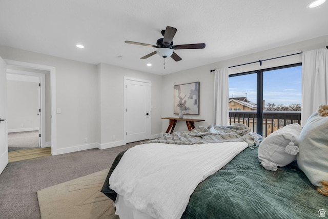 carpeted bedroom with recessed lighting, access to exterior, baseboards, and a ceiling fan