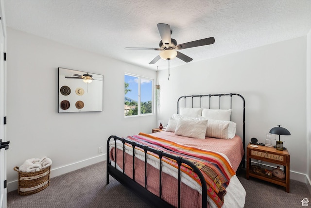 bedroom featuring ceiling fan, baseboards, and carpet