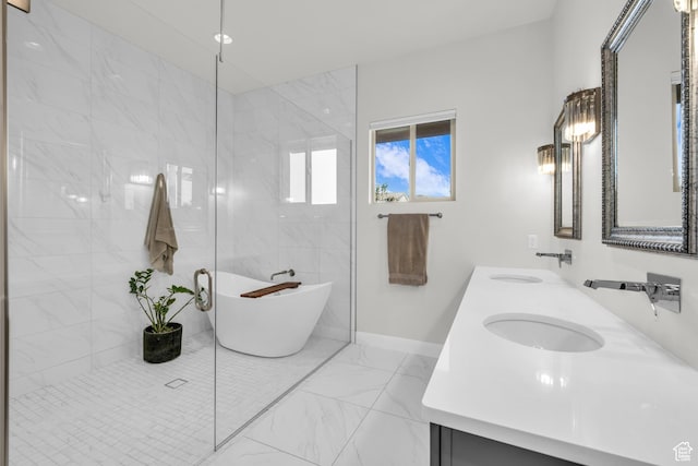 bathroom featuring vanity, tile walls, and a bathing tub
