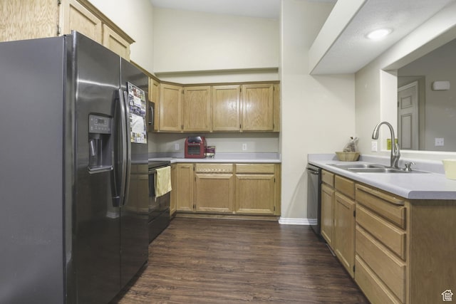 kitchen featuring dark hardwood / wood-style floors, dishwasher, fridge with ice dispenser, electric range oven, and sink