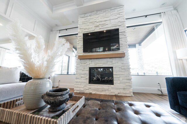 287 E Heritage Dr, Alpine, UT 84004 - living room featuring crown molding, wood finished floors, and a fireplace