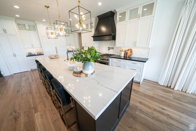 287 E Heritage Dr, Alpine, UT 84004 - kitchen with custom range hood, recessed lighting, decorative backsplash, a chandelier, and wood finished floors