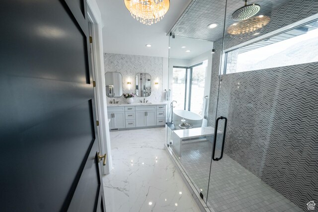 287 E Heritage Dr, Alpine, UT 84004 - full bath featuring marble tiled flooring, a stall shower, double vanity, recessed lighting, and a chandelier