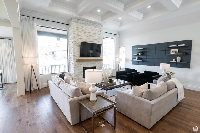 287 E Heritage Dr, Alpine, UT 84004 - living room featuring beam ceiling, crown molding, coffered ceiling, hardwood / wood-style floors, and a fireplace