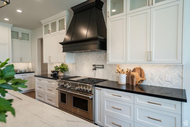 287 E Heritage Dr, Alpine, UT 84004 - kitchen featuring premium range hood, double oven range, white cabinetry, tasteful backsplash, and recessed lighting