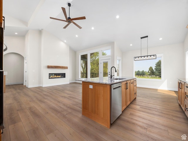 0, Preston, ID 83263 - kitchen with decorative light fixtures, dishwasher, a center island with sink, sink, and light stone countertops