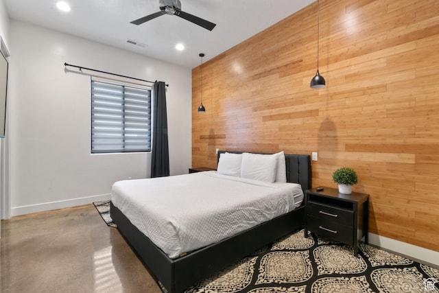 3243 S Hideaway Pl, Hurricane, UT 84737 - bedroom with ceiling fan and wood walls
