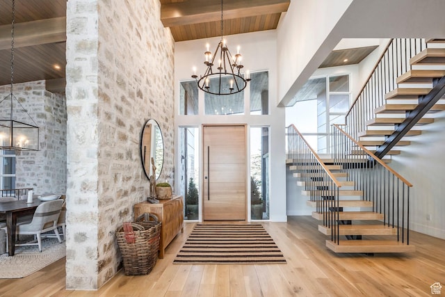 9491 N Promontory Summit Dr, Park City, UT 84098 - foyer entrance featuring a chandelier, wooden ceiling, wood finished floors, and beam ceiling