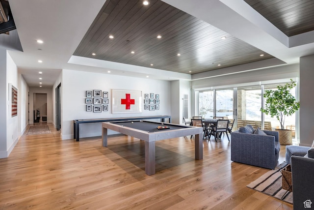 9491 N Promontory Summit Dr, Park City, UT 84098 - recreation room with light wood finished floors, baseboards, a raised ceiling, wooden ceiling, and recessed lighting