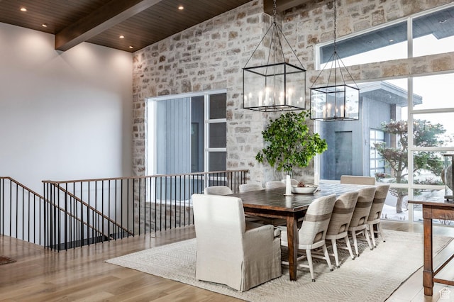 9491 N Promontory Summit Dr, Park City, UT 84098 - dining room featuring a high ceiling, an inviting chandelier, wood ceiling, wood finished floors, and beamed ceiling