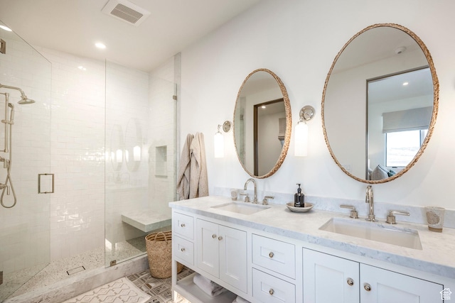 9491 N Promontory Summit Dr, Park City, UT 84098 - bathroom featuring double vanity, a stall shower, a sink, and visible vents