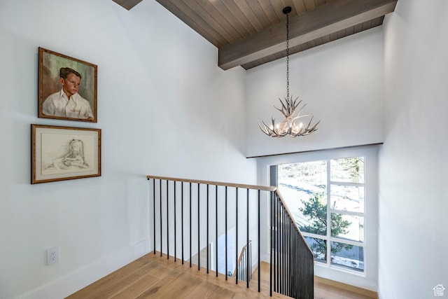 9491 N Promontory Summit Dr, Park City, UT 84098 - staircase with a chandelier, wooden ceiling, wood finished floors, baseboards, and beamed ceiling