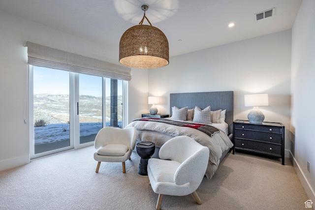 9491 N Promontory Summit Dr, Park City, UT 84098 - bedroom featuring recessed lighting, light colored carpet, visible vents, baseboards, and access to exterior
