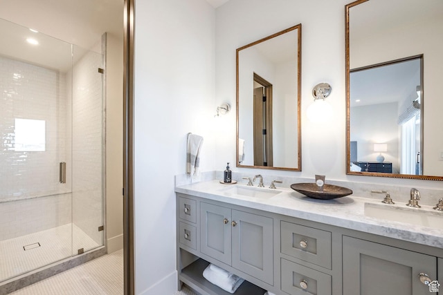 9491 N Promontory Summit Dr, Park City, UT 84098 - bathroom featuring double vanity, a stall shower, and a sink