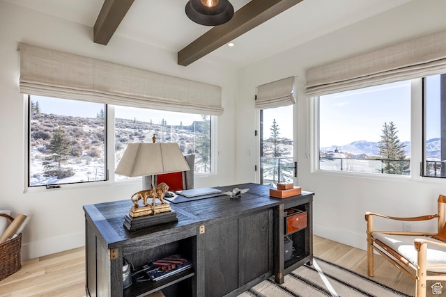 9491 N Promontory Summit Dr, Park City, UT 84098 - office with light wood-style floors, baseboards, a mountain view, and beamed ceiling
