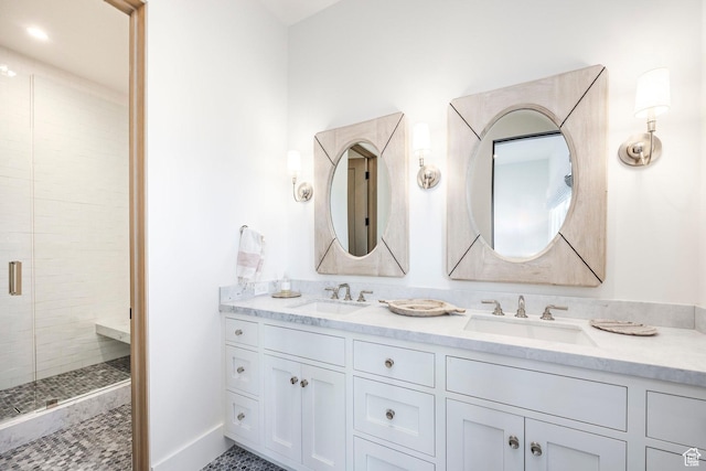 9491 N Promontory Summit Dr, Park City, UT 84098 - full bath with double vanity, a shower stall, baseboards, and a sink