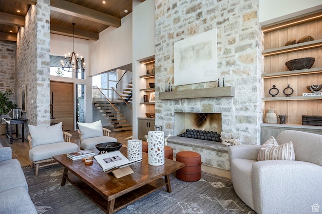 9491 N Promontory Summit Dr, Park City, UT 84098 - living room with built in shelves, wood ceiling, beam ceiling, and wood finished floors