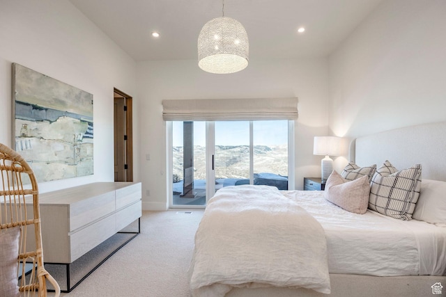 9491 N Promontory Summit Dr, Park City, UT 84098 - bedroom with access to outside, light carpet, a mountain view, and recessed lighting