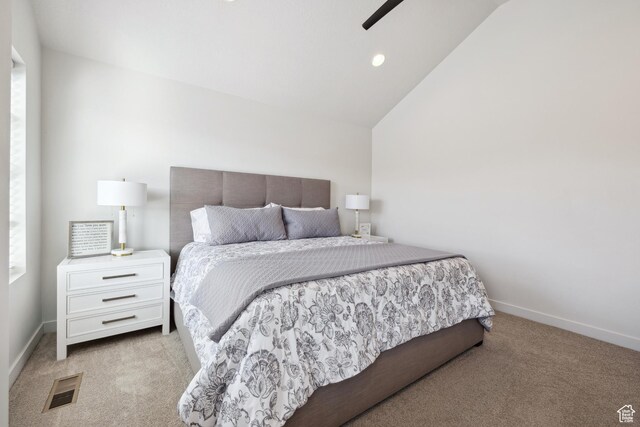2344 N White Cliff Dr, Lehi, UT 84043 - carpeted bedroom with vaulted ceiling, a ceiling fan, visible vents, and baseboards