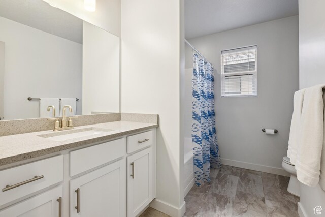 2344 N White Cliff Dr, Lehi, UT 84043 - bathroom with curtained shower, toilet, vanity, baseboards, and marble finish floor