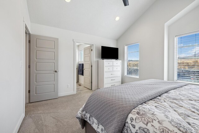 2344 N White Cliff Dr, Lehi, UT 84043 - bedroom with light carpet, vaulted ceiling, baseboards, and multiple windows