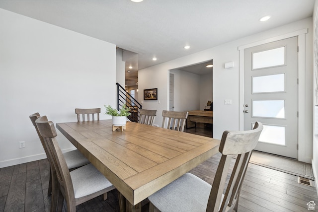 2344 N White Cliff Dr, Lehi, UT 84043 - dining room with recessed lighting, visible vents, stairway, baseboards, and hardwood / wood-style flooring