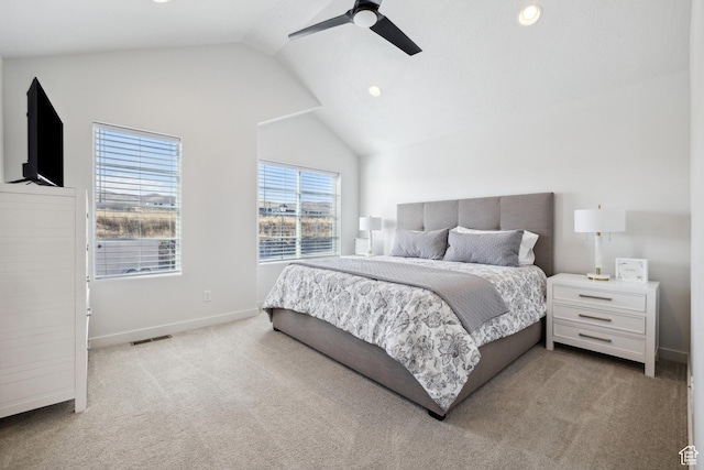 2344 N White Cliff Dr, Lehi, UT 84043 - carpeted bedroom with baseboards, visible vents, a ceiling fan, vaulted ceiling, and recessed lighting