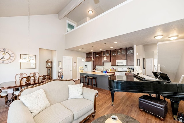 1206 W Holt Farm Ln, South Jordan, UT 84095 - living room featuring high vaulted ceiling, beam ceiling, and light wood-type flooring