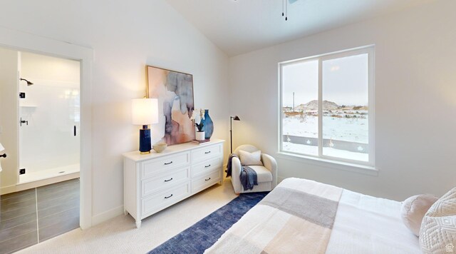 1502 S 380 E Unit 54, Salem, UT 84653 - bedroom featuring multiple windows, light carpet, lofted ceiling, baseboards, and ensuite bathroom