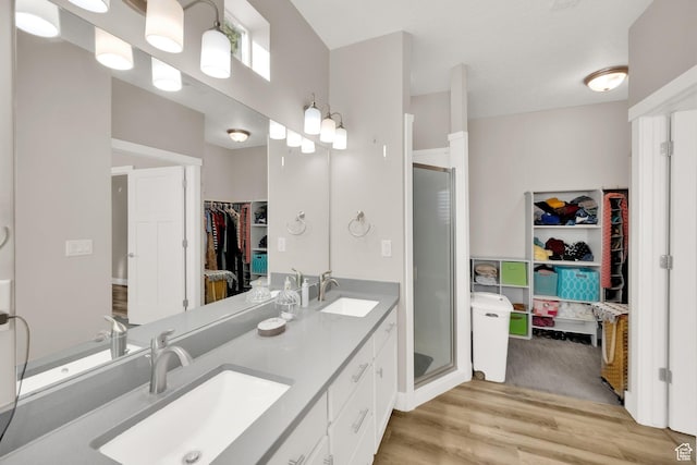 bathroom with vanity, hardwood / wood-style floors, and an enclosed shower