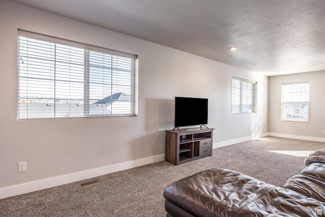living room with a textured ceiling, carpet, visible vents, and baseboards