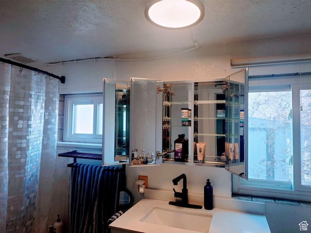 3260 Ogden Ave, Ogden, UT 84401 - bathroom with vanity, curtained shower, and a textured ceiling