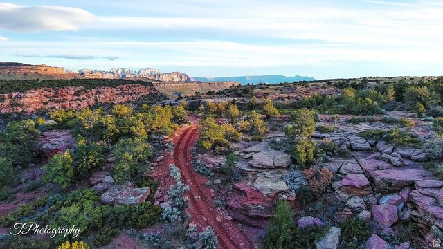 drone / aerial view featuring a mountain view
