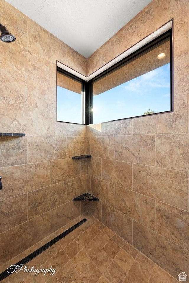 bathroom featuring a tile shower and plenty of natural light