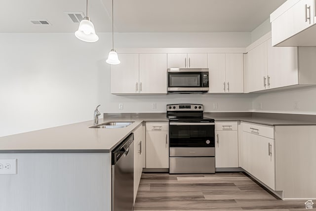 13742 S Hanley Ln Unit Gg303, Riverton, UT 84096 - kitchen featuring appliances with stainless steel finishes, a peninsula, light wood-style floors, decorative light fixtures, and white cabinets