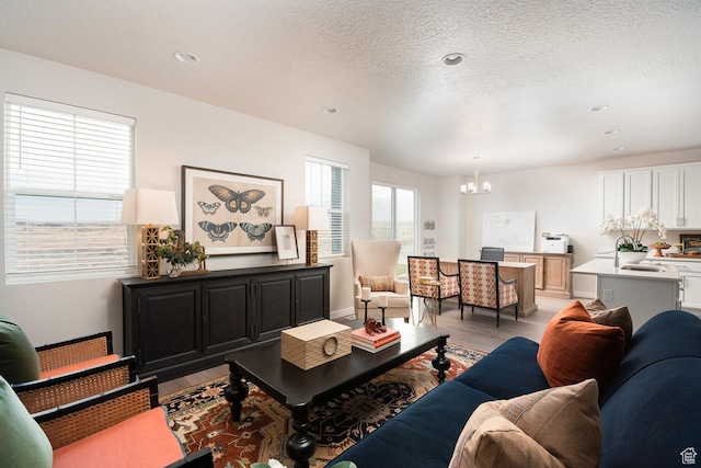 537 W Coyote Ridge Rd, Grantsville, UT 84029 - living room featuring light hardwood / wood-style floors, a textured ceiling, a notable chandelier, and a healthy amount of sunlight