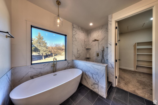 bathroom featuring independent shower and bath and tile patterned floors