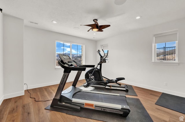 workout room with hardwood / wood-style flooring, ceiling fan, and a textured ceiling