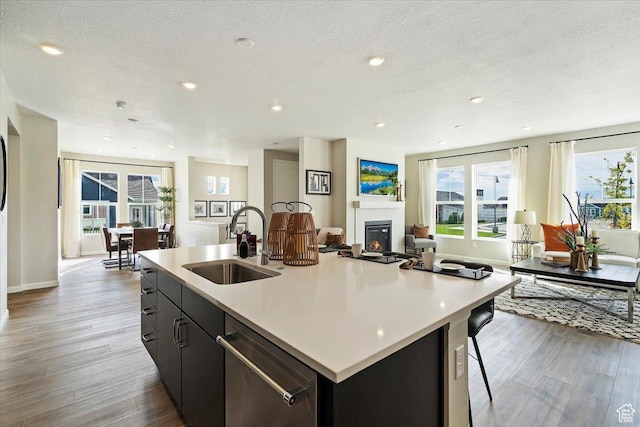 6158 W 11800 S Unit 504, South Jordan, UT 84009 - kitchen featuring stainless steel dishwasher, light wood-type flooring, open floor plan, a glass covered fireplace, and a textured ceiling
