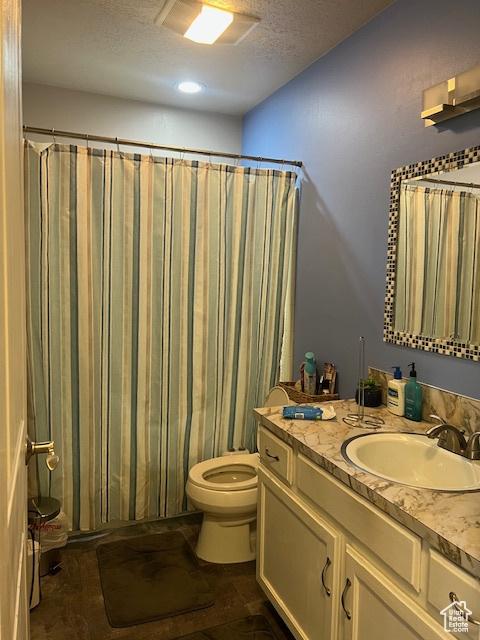 bathroom featuring vanity, toilet, and a textured ceiling