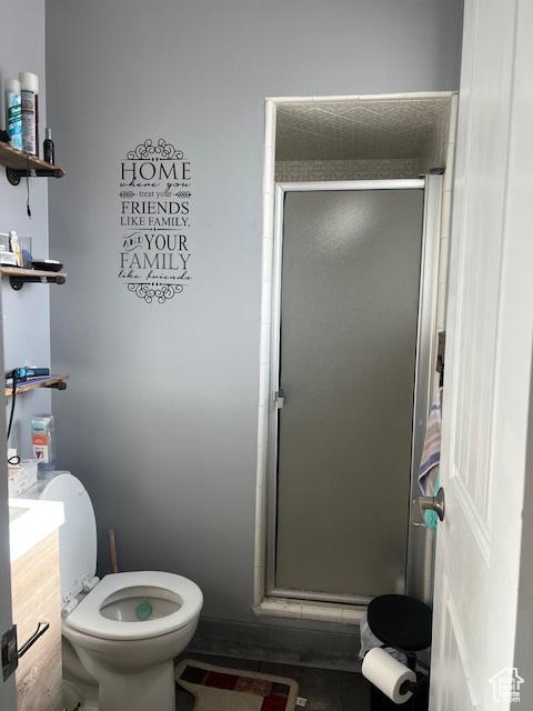 bathroom with vanity, toilet, and walk in shower