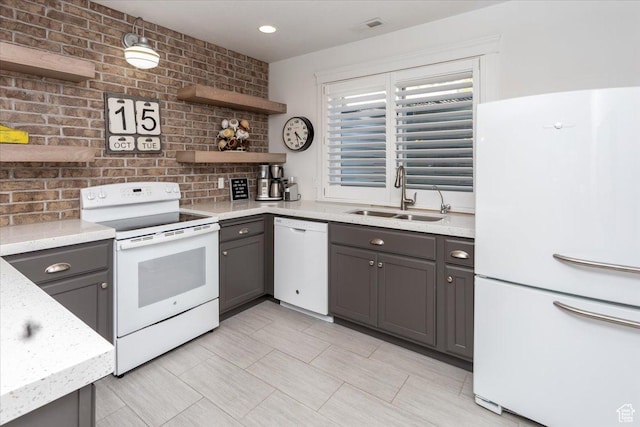 2025 W Orchard Harvest Dr, Kaysville, UT 84037 - kitchen with sink, white appliances, decorative backsplash, and light stone counters